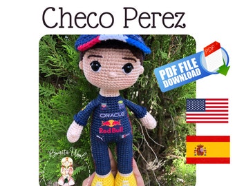 PDF Checo Puppe, Amigurumi doll Schnittmuster, englische und spanische PDF Häkelanleitung, Amigurumi doll