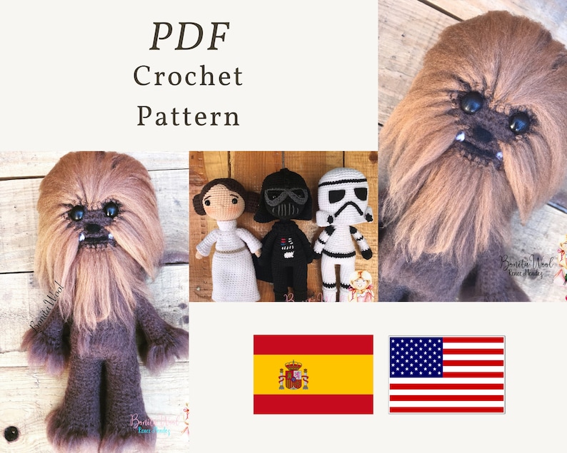 K&ouml;nnte beinhalten: PDF-H&auml;kelanleitung f&uuml;r eine braune Chewbacca-Figur aus Star Wars. Die Anleitung ist in Englisch und Spanisch verf&uuml;gbar. Das Bild zeigt auch eine geh&auml;kelte Prinzessin Leia, Darth Vader und einen Stormtrooper.