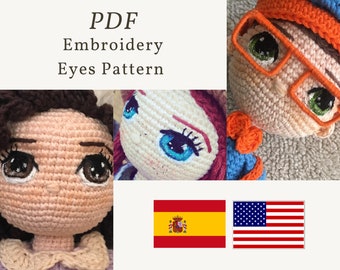 PDF PATRON y videos para bordar ojos a muñecas amigurumis, embroidery tutorial, eyes embroidery pattern, eyes doll pattern