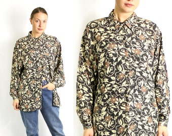 Vintage 80's Brown Floral Print Shirt Blouse Collared Long Sleeve Button Down