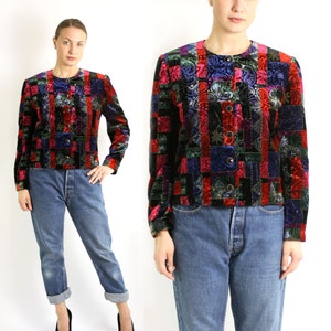 Vintage 80er Multicolor Paisley Samt Jacke Blazer - M to Large