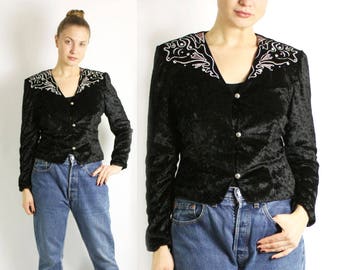 Vintage 80's Crushed Velvet Black Embroidered Beaded Jacket Blazer - Small to Medium