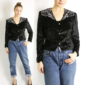 Vintage 80&#39;s Crushed Velvet Black Embroidered Beaded Jacket Blazer - Small to Medium