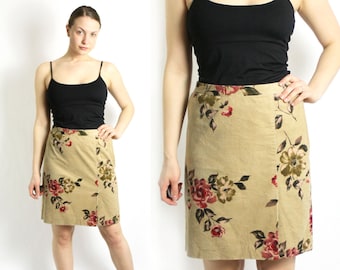 Vintage 90's Tan Corduroy Floral High Waist Mini Skirt - Meidum