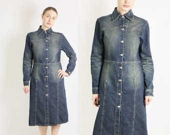Vintage 90's Denim Jean Midi Dress Coat Long Sleeves Button Down - size Medium