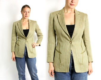 Vintage 80's 90'S Trussardi Beige puur linnen ingerichte lange jas blazer - klein