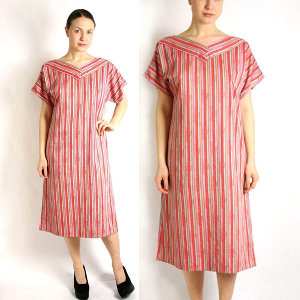 Vintage 70er 80er Handarbeit Rosa Gestreift Baumwolle Maxi Baggy Shirt Kleid