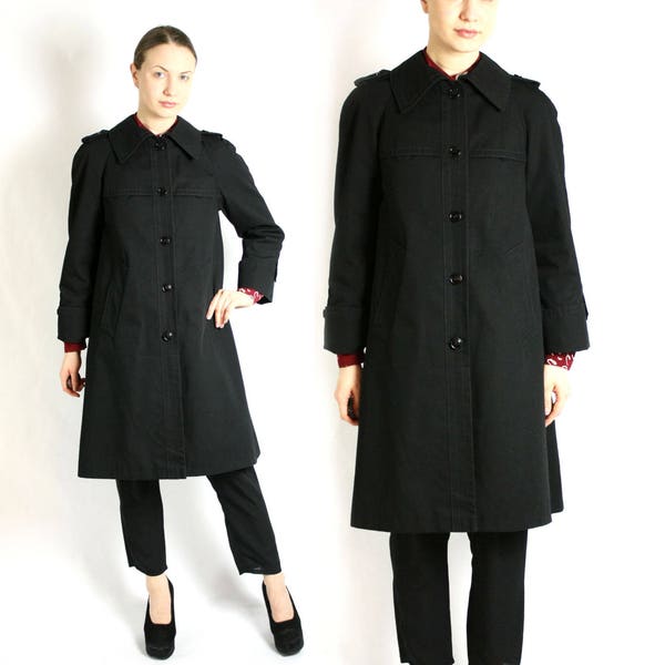 Vintage 70's Black Single Breasted Trench Coat A-Line Small to Medium