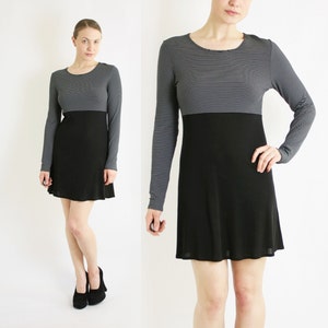 Vintage 90&#39;s Ribbed Black & White Striped Top Long Sleeves with Black Semi Sheer Skirt One Piece