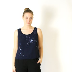 Vintage Blue Sequinned Top, Blue Tank Top, Floral Sparkly Embroidery,  Sleeveless Top, Evening Cocktail Blouse