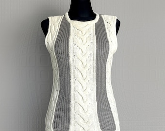 Vintage Cable Knit Wool Blend Vest, Striped Sweater Pullover
