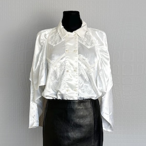 Victorian White Satin Blouse pearl buttons, Lace Detail Dramatic Sleeves Statement Top