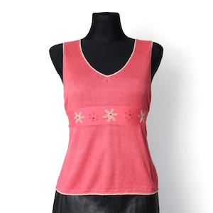 Salmon Pink Knit Top, Vintage 90&#39;s V-neck Sleeveless Flower Embroidery Blouse