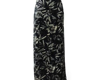 Saia longa vintage de veludo floral: saia longa reta dos anos 90, tamanho 2XS-XS