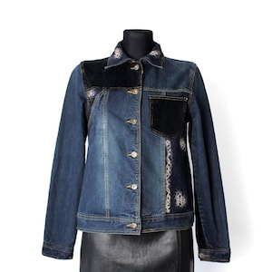 Vintage Blue Denim Jacket with Cord Lace Patches, 90's Jean Blazer Style Coat