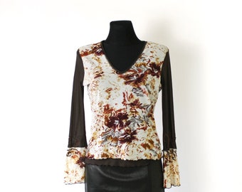 Ruffle Sleeve Top, Floral Print, Bell Sleeve Blouse, White Brown double Layered Top, Sheer Mesh Sleeves, Bohemian Romantic