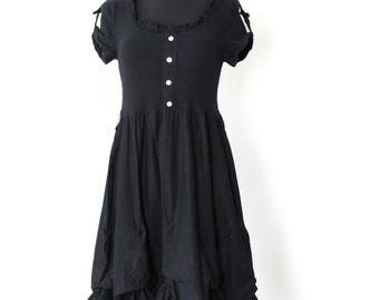 Vintage Black Cotton Midi Dress, Ruffled Mesh Sleeves, Made in Italy