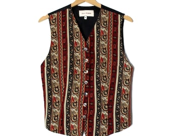 Vintage Striped Floral Vest: 80s 90s Fitted Flower Hippie Waistcoat, size M