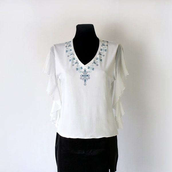 Blouse - Angel White Embroidered NET Long Sleeve