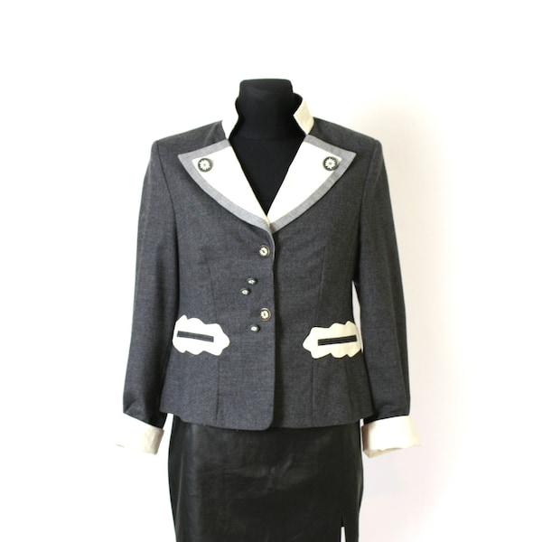 Vintage 90er Grau Weiße Wolle Alphorn Österreichische Dirndl Trachtenjacke, Lodenjacke Blazer