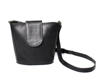 Vintage 70's 80's Black Leather Bucket Bag, Cross Body Messenger Satchel