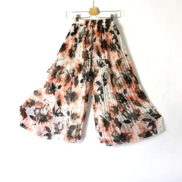 Culottes plissées en accordéon vintage, shorts longs larges des années 70 des années 80 taille haute, pantalon palazzo à imprimé floral