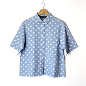 Camisa de algodón azul claro con lunares, blusa vintage de los años 80 y 90 con botones, talla L
