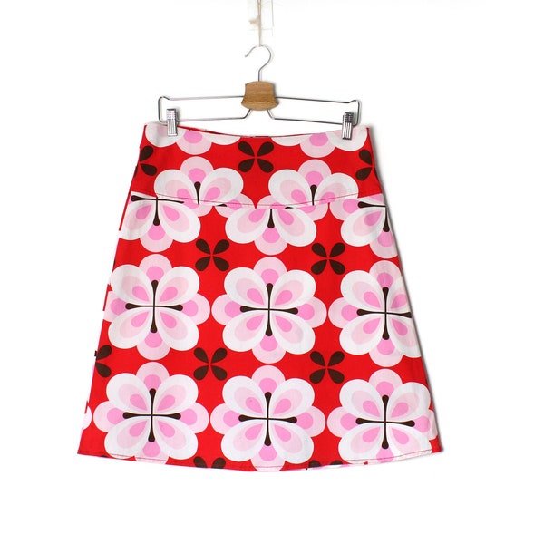 Flower Print Midi Skirt, 90's 00's Cotton A-Line Low Waist Skirt, Red Pink White Floral pattern  skirt