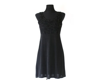 Black Skater Mini Dress, Vintage 90's Black Slinky Baby Doll Dress Empire Waist - Small to Medium