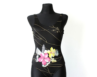 Vintage 80's Black Floral Print One Piece Swimsuit Open Back, Bold Flowers Bathing Body Suit Leotard