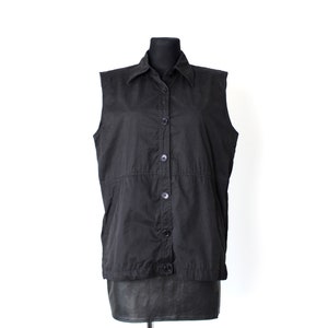 Black Utility Vest button down, Vintage 80&#39;s 90&#39;s Long Cargo Vest Waistcoat. Sleeveless Jacket