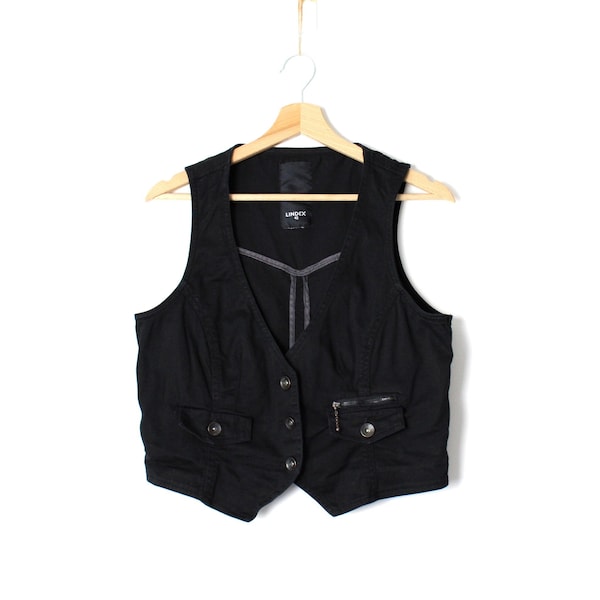 Vintage Black Denim Vest Women's Waistcoat, 90's Sleeveless Jean Jacket Steampunk Fitted / size Large