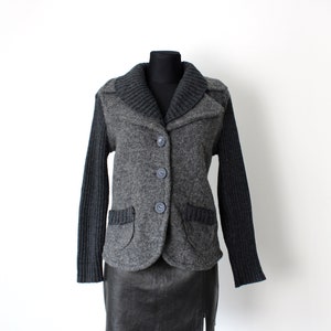 Vintage grey wool knitted long sleeve cardigan, fitted knit sweater blazer / made in Italy