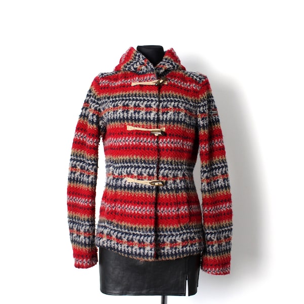 Duffle-coat en tricot de laine Napapijri des années 90 2000, veste à capuche rouge blanc rayures noires vintage des années 90