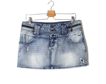 Vintage Y2K 2000's Denim Mini Skirt Low Rise Distressed Barely There Jean Summer - size