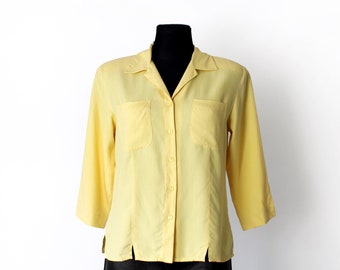 Vintage 90's Pure Silk Yellow Shirt, Silk Blouse, Collared Shirt, 3/4 Sleeves