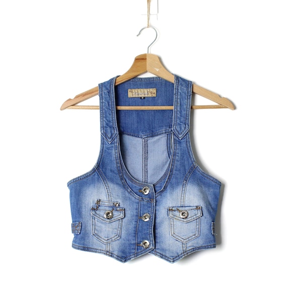 Vintage crop denim vest top, 90s Women's jean top waistcoat dark blue - size X-Small to Small