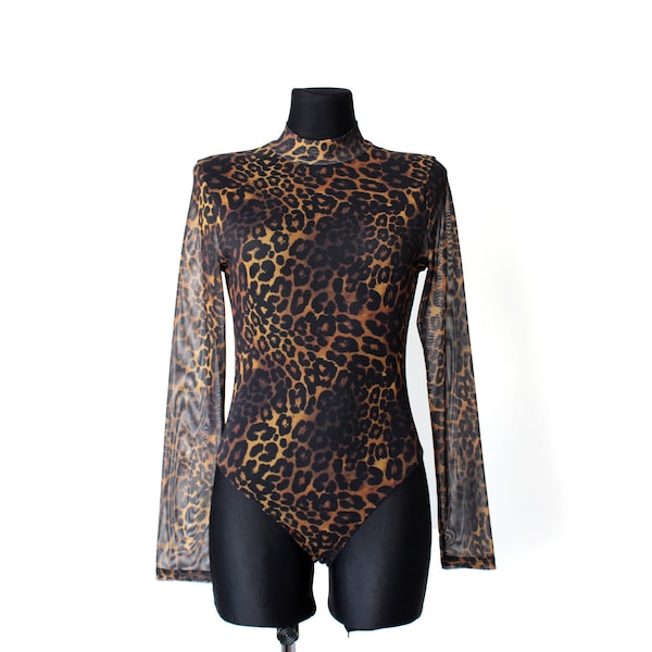 Mesh Leopard print Leotard, Vintage 90's 00's Bodysuit One Piece Sheer Animal Print Long Sleeves
