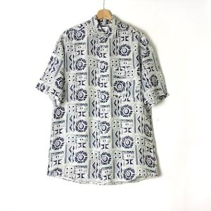 Vintage 80's 90's Silk Lightweight Men's Shirt, Abstract Print Collared Button Down Blue Shirt Boho short sleeves image 1