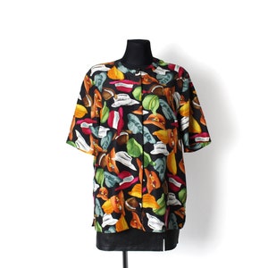 Vintage Pure Silk Blouse, 80&#39;s 90&#39;s Hats Print Colorful Shirt Top Short Sleeves