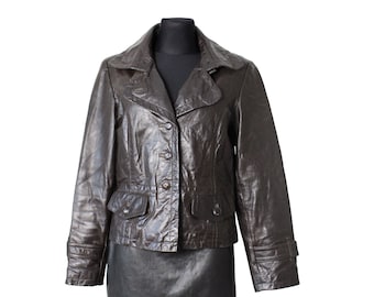 Chaqueta de cuero vintage ajustada, blazer de cuero genuino marrón de los años 90, talla mediana a grande