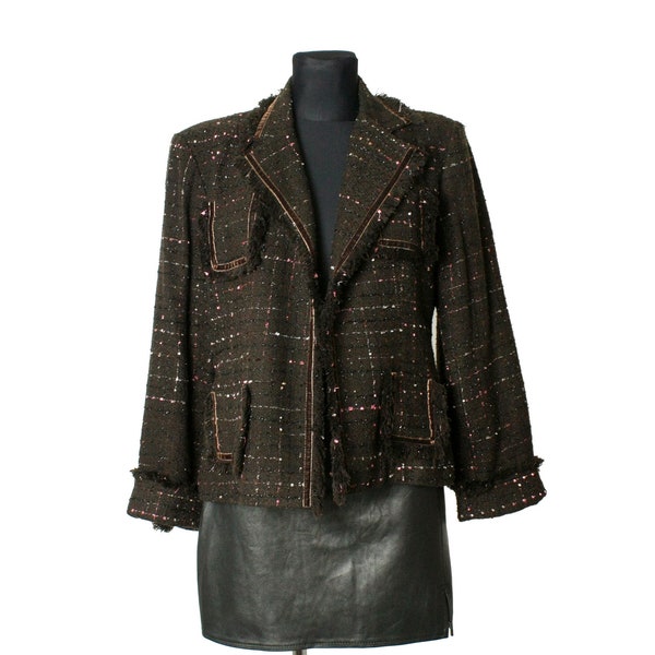 veste en tweed bouclé vintage, manteau blazer texturé à carreaux des années 90, fantaisie royale