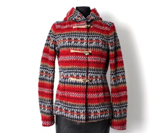 Napapijri 90s 00s wool knit duffel coat, Vintage 90&#39;s 00&#39;s red white black stripes toggle jacket hooded