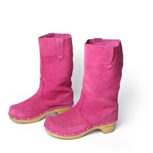 Vintage Pink Clog Boots, 90's Leather Suede Wooden Platform Tall
