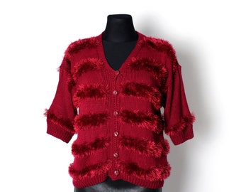 Vintage 90s Red Fuzzy Cardigan: Short Sleeve Sweater (M-L)
