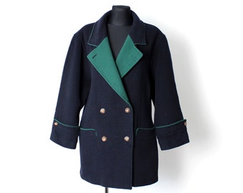 Vintage Wool Loden Coat: Charcoal Grey Trachten Dirndl with Green Trim, Size Large