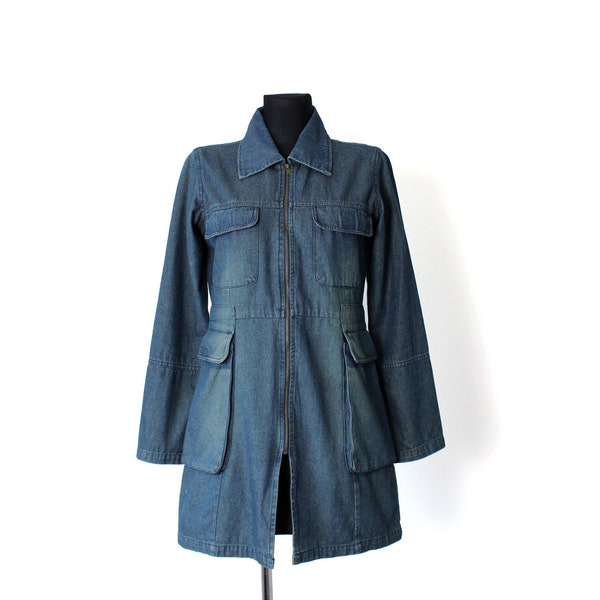 vintage 90's Denim Coat Button Down, Jean Midi Jacket Dress Long Sleeves / size Small to Medium