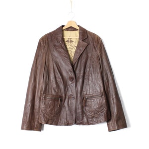 Vintage brown leather jacket, 90s women&#39;s crinkle effect leather coat plus size 2XL-3XL