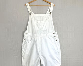 Jardineira curta de algodão branco, estilo vintage anos 90, macacão curto grunge folgado, tamanho G-GG