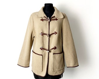 Vintage Duffel Knit Cardigan , Handmade beige button sweater coat, Toggle closure cozy jacket